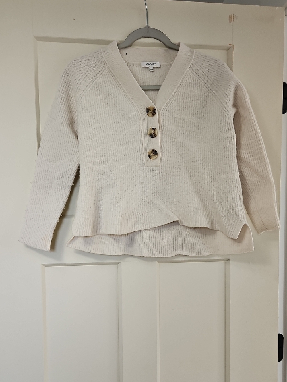 Madewell Cream Ribbed V-Neck Henley Sweater with Button Placket
